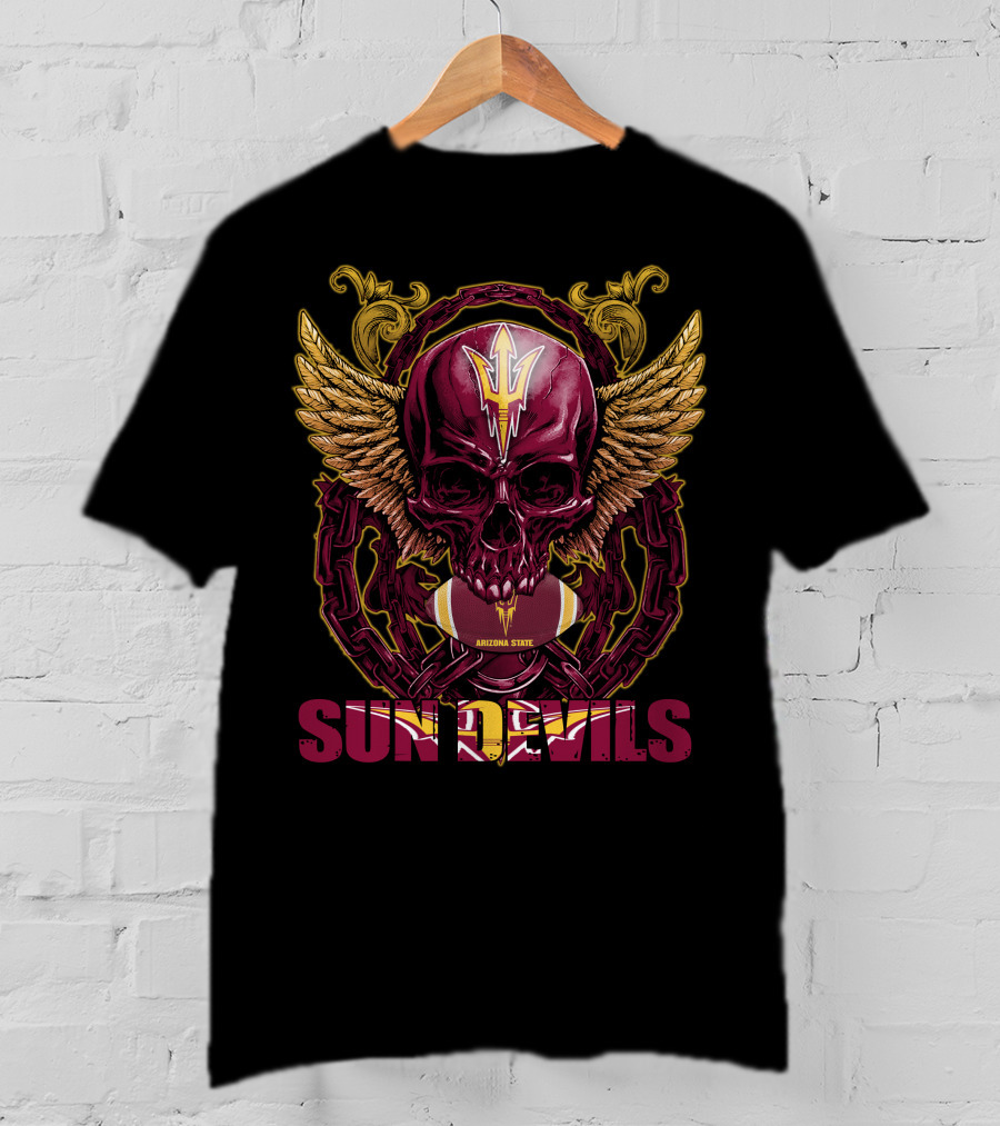Arizona State Sun Devils Skullfb Winged Skull Football T-Shirt
