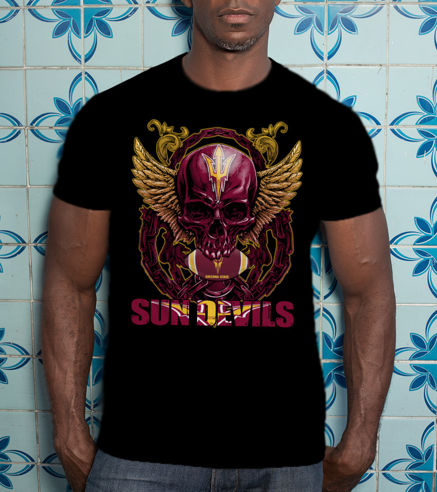 Arizona State Sun Devils Skullfb Winged Skull Football T-Shirt