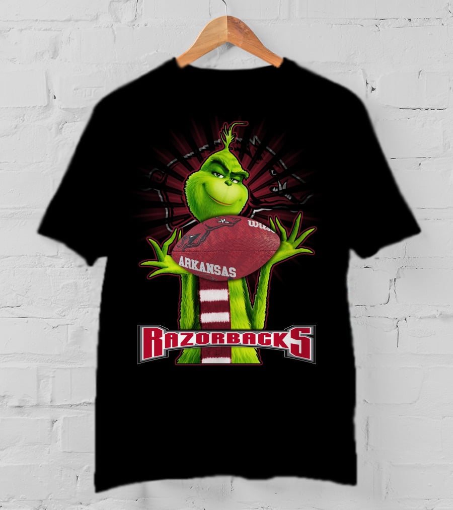 Grinch Holding Arkansas Razorbacks Football T-Shirt