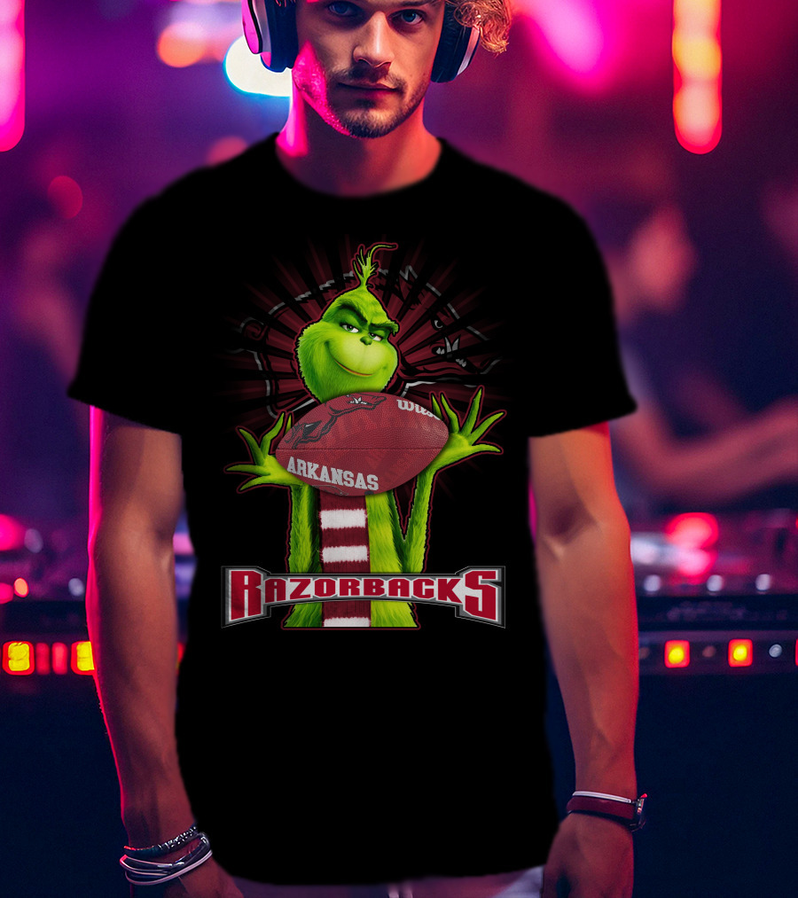 Grinch Holding Arkansas Razorbacks Football T-Shirt