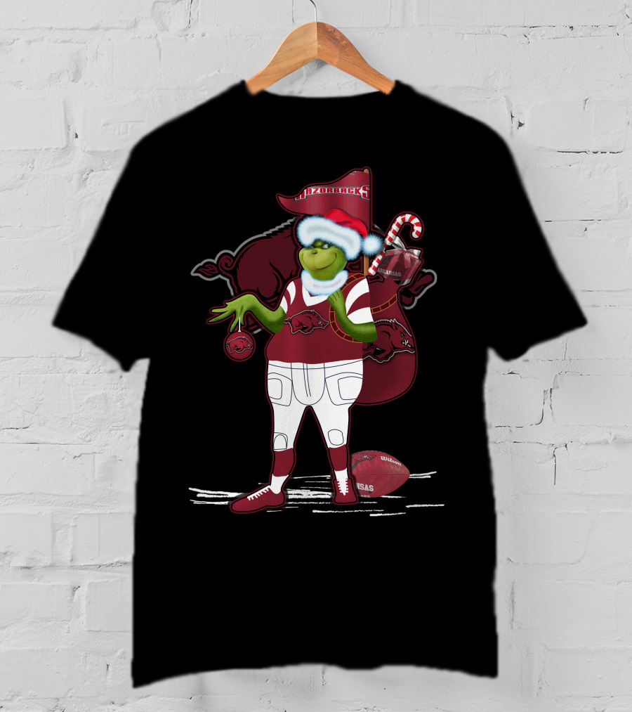 Grinchxmas Arkansas Razorbacks Santa Hat Football Candy Cane T-Shirt