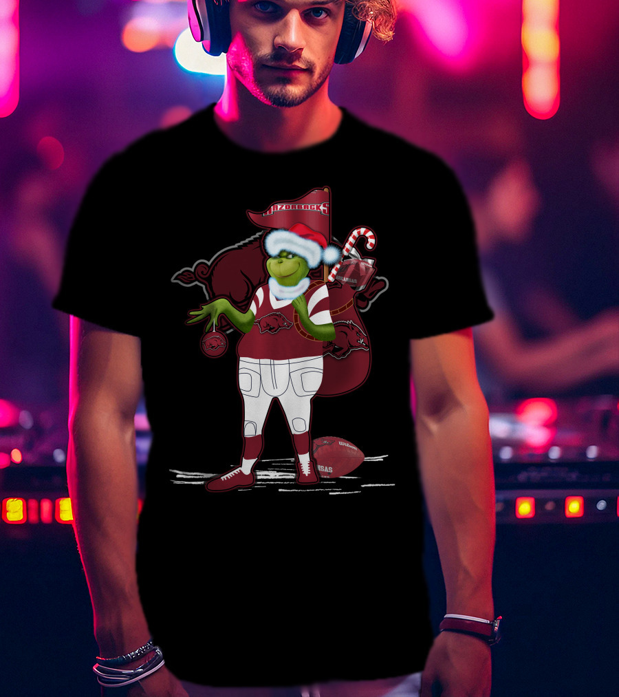Grinchxmas Arkansas Razorbacks Santa Hat Football Candy Cane T-Shirt