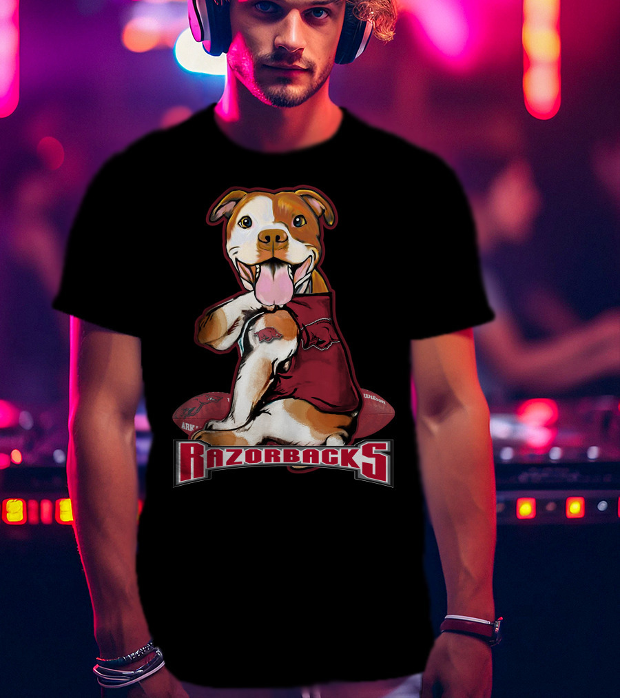 Razorbacks Pittbull Dog With Arkansas Football T-Shirt