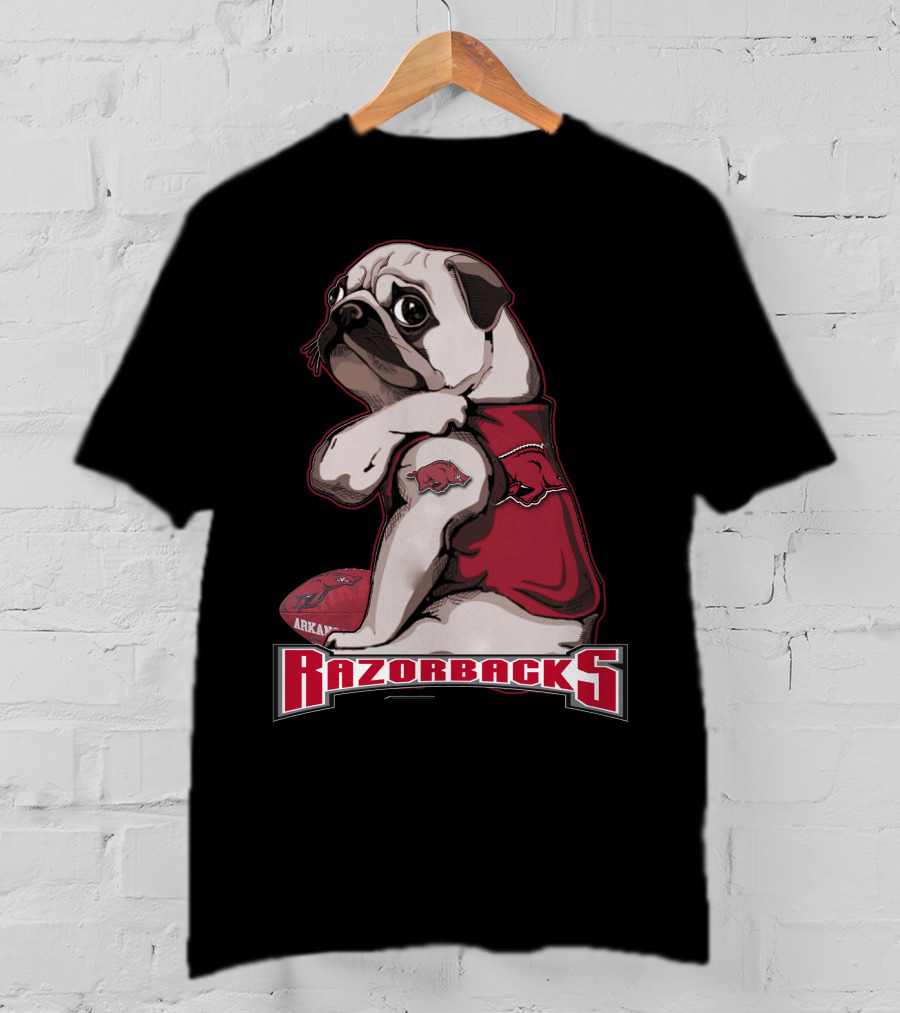 Pug Wearing Arkansas Razorbacks Football Gear T-Shirt