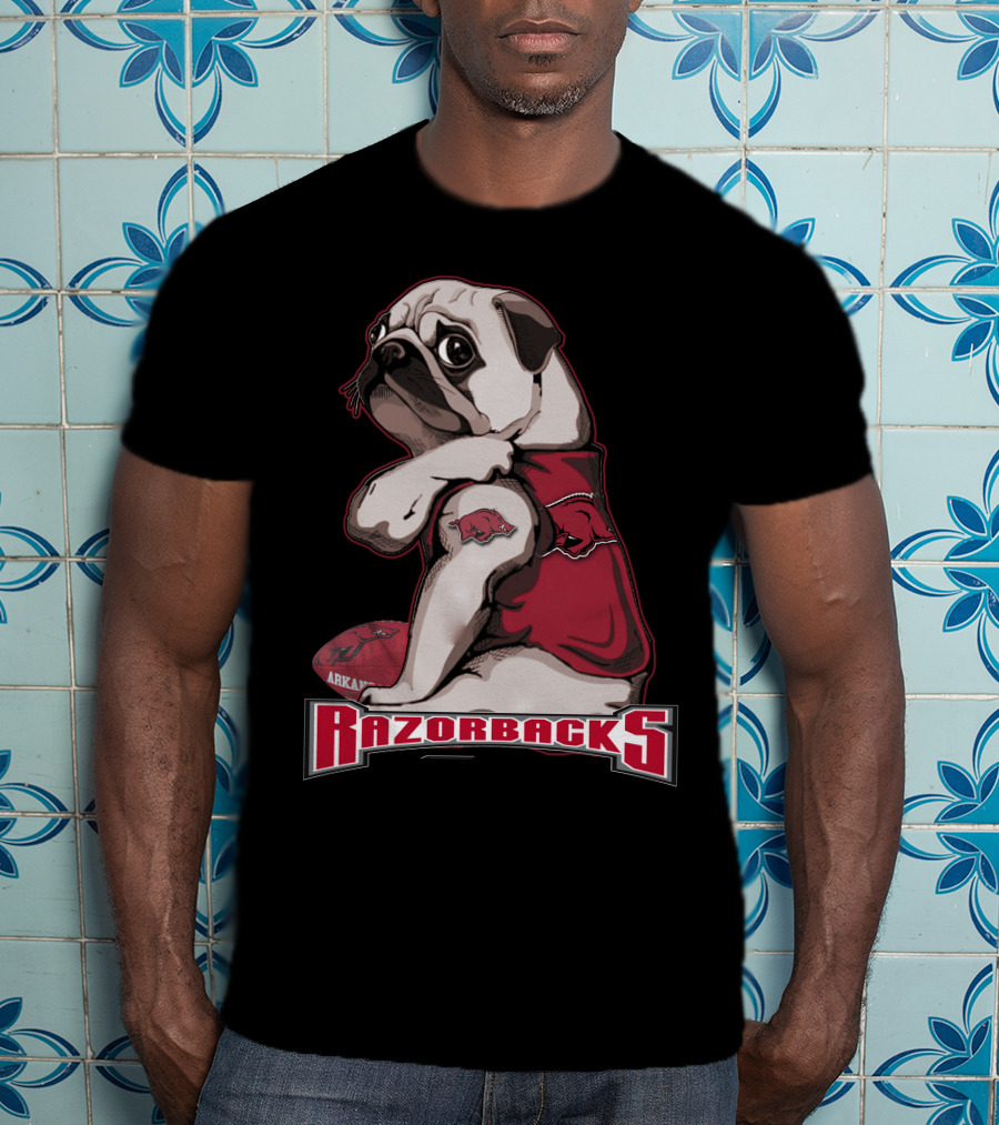Pug Wearing Arkansas Razorbacks Football Gear T-Shirt