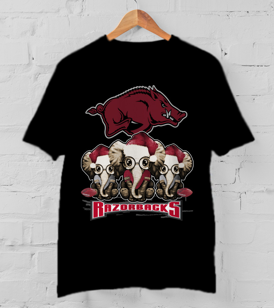 Razorbacks Elephan Xmas With Santa Hat Elephants And Arkansas T-Shirt