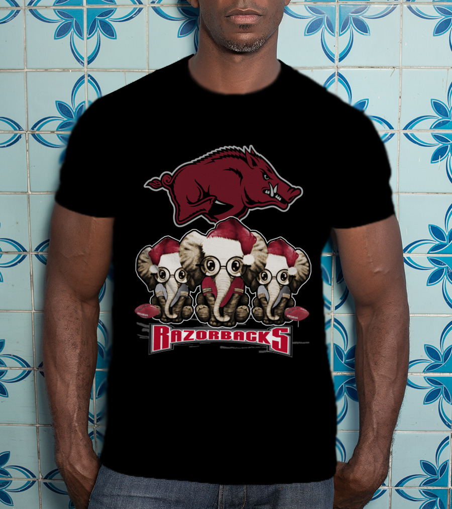 Razorbacks Elephan Xmas With Santa Hat Elephants And Arkansas T-Shirt