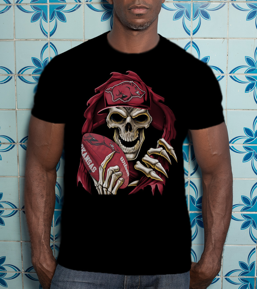 Skullbong Arkansas Razorbacks Skeleton Holding Football With Razorback Cap T-Shirt