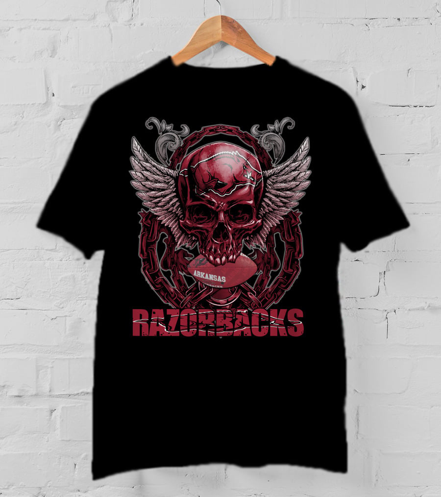 Arkansas Razorbacks Skull Winged Football T-Shirt