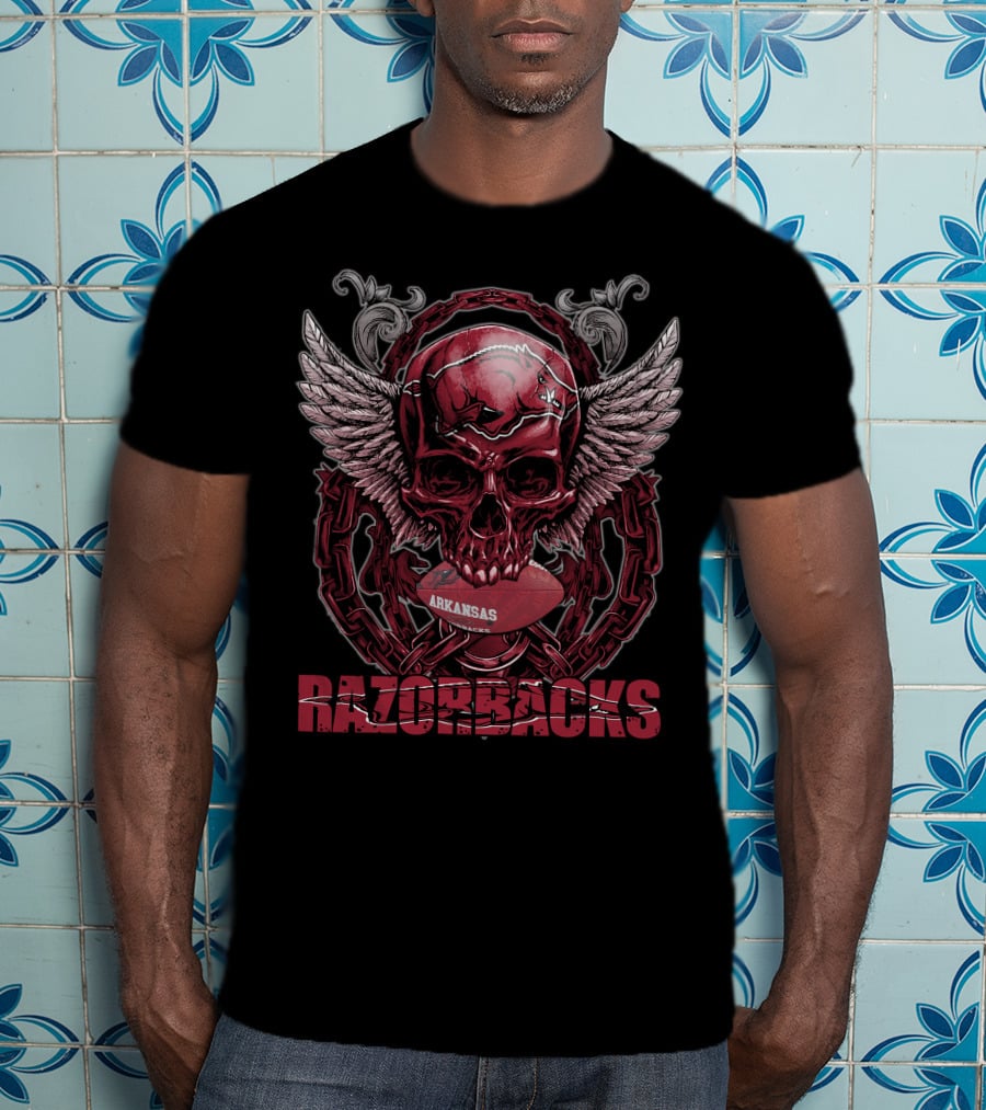Arkansas Razorbacks Skull Winged Football T-Shirt