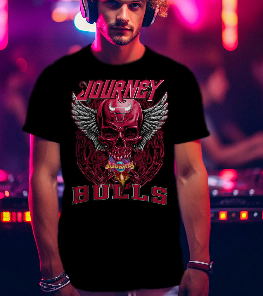 Journey Chicago Bulls Flaming Skull Wings Chain T-Shirt