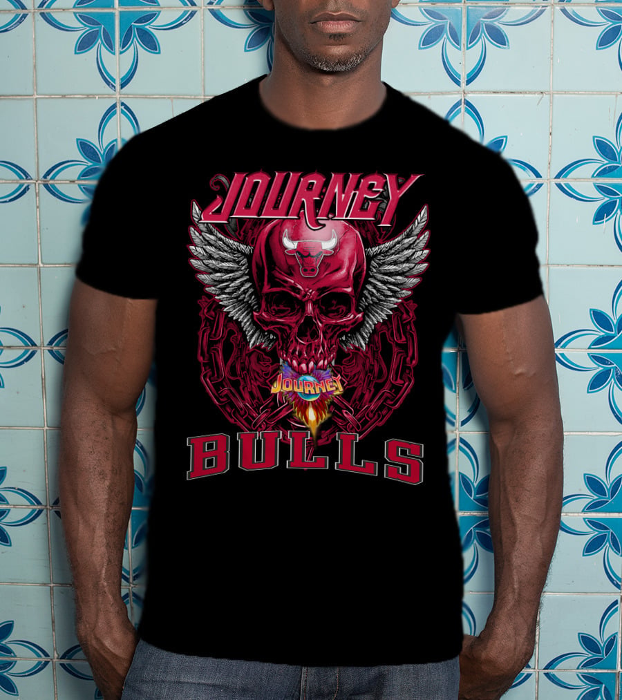 Journey Chicago Bulls Flaming Skull Wings Chain T-Shirt