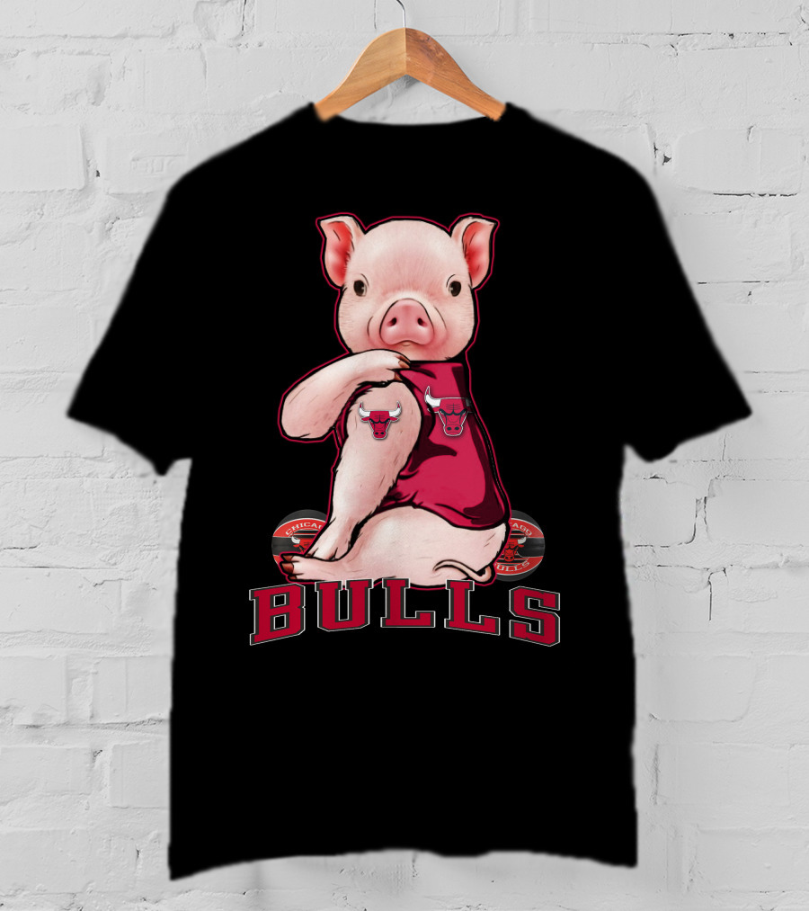 Pig With Chicago Bulls Logo On Jersey And Bulls Emblem T-Shirt