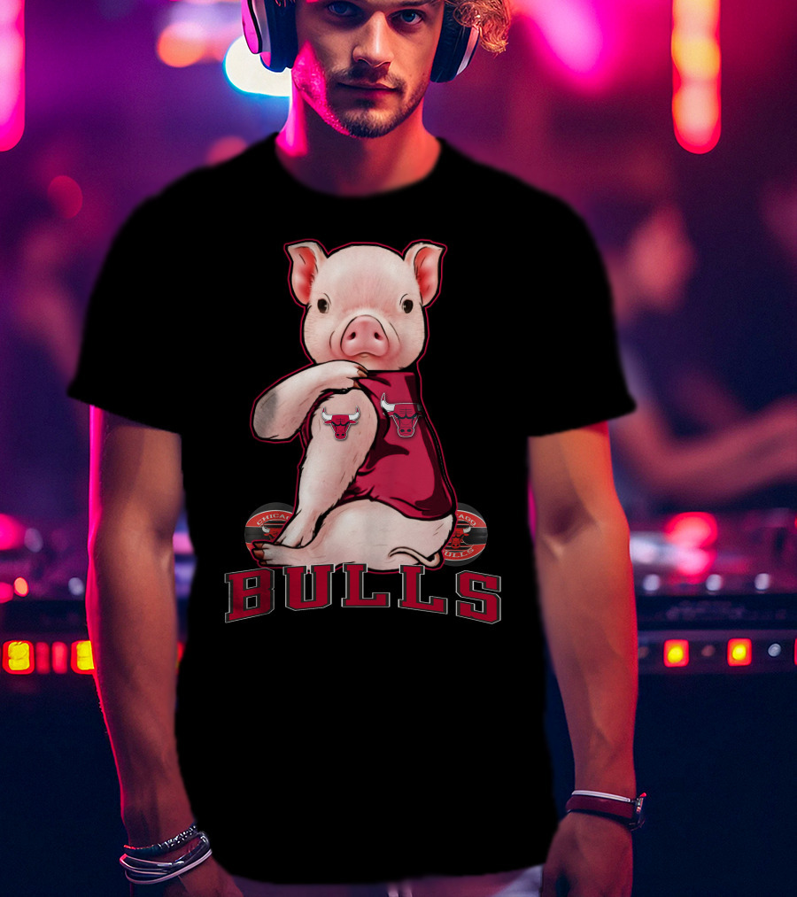 Pig With Chicago Bulls Logo On Jersey And Bulls Emblem T-Shirt