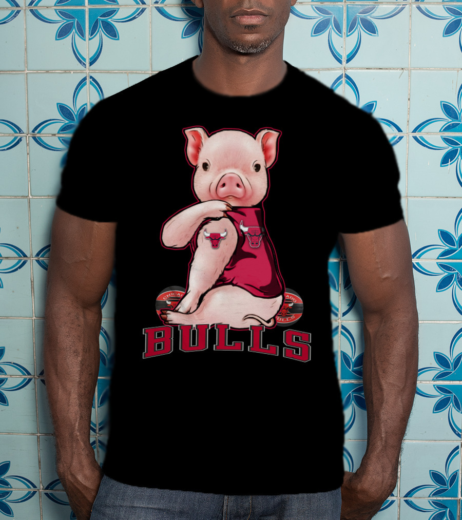 Pig With Chicago Bulls Logo On Jersey And Bulls Emblem T-Shirt