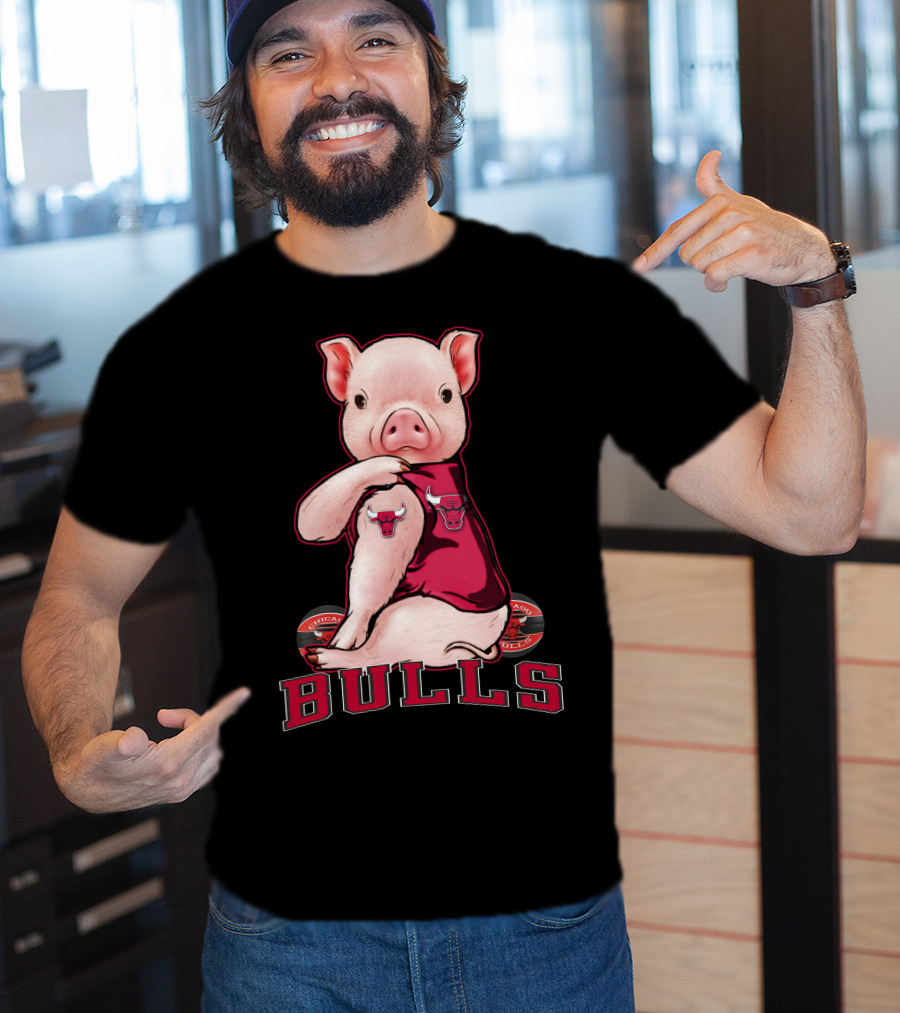 Pig With Chicago Bulls Logo On Jersey And Bulls Emblem T-Shirt