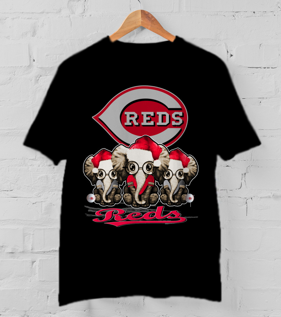 Cincinnati Reds Christmas Elephants In Santa Hats T-Shirt