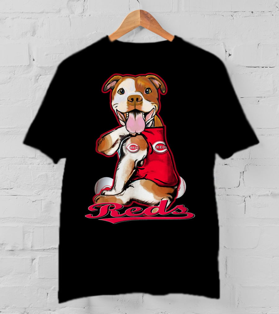 Pittbull Wearing Cincinnati Reds Jersey With Baseballs T-Shirt