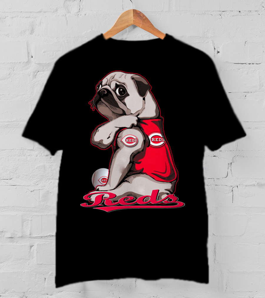 Pug Wearing Cincinnati Reds Jersey With Baseball T-Shirt