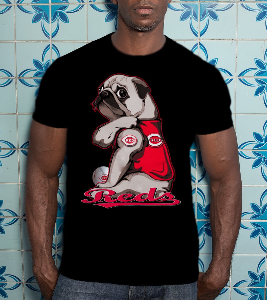 Pug Wearing Cincinnati Reds Jersey With Baseball T-Shirt