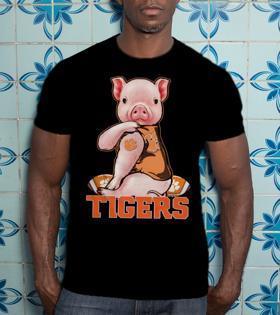 Pig Wearing Clemson Tigers Jersey Football Motif T-Shirt