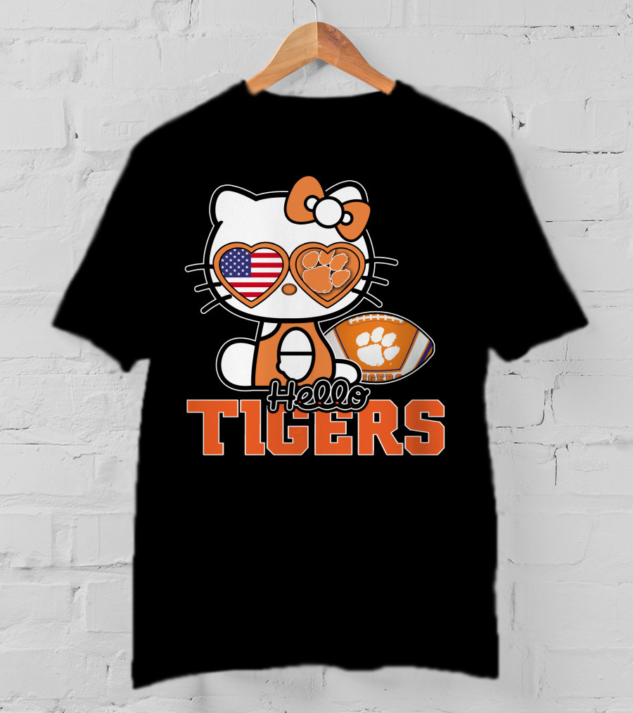 Hello Kitty Clemson Tigers Football USA Bow Paw Prints T-Shirt