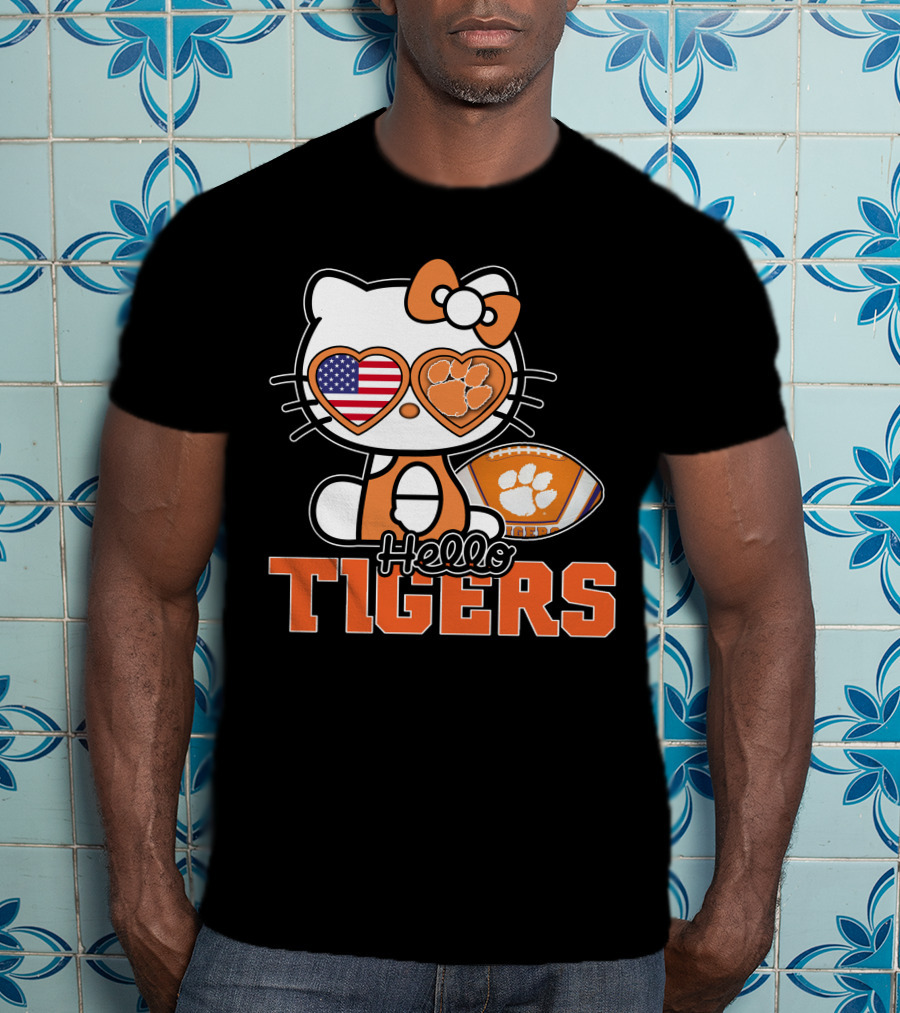 Hello Kitty Clemson Tigers Football USA Bow Paw Prints T-Shirt