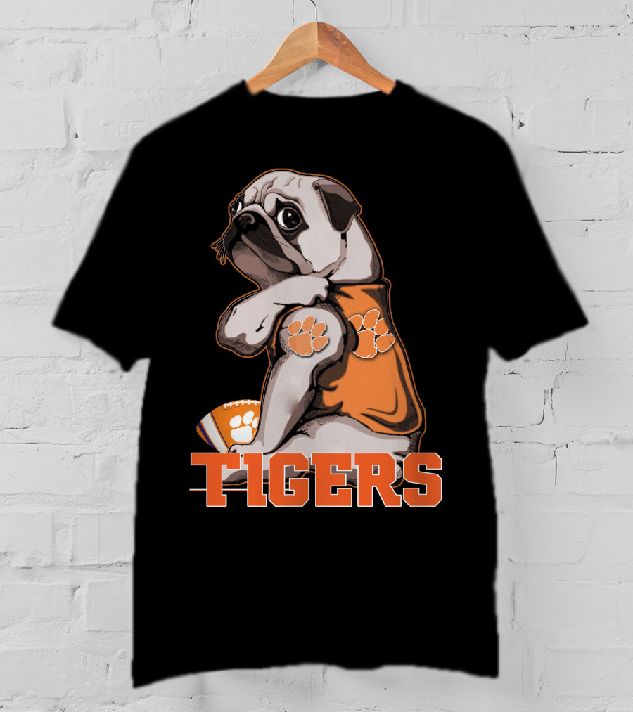 Pug Wearing Clemson Tigers Jersey With Paw Prints Football T-Shirt