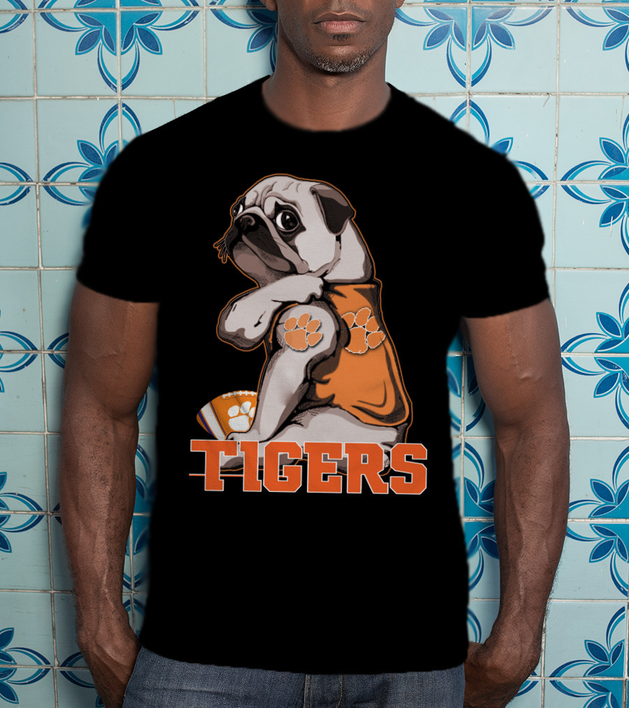 Pug Wearing Clemson Tigers Jersey With Paw Prints Football T-Shirt
