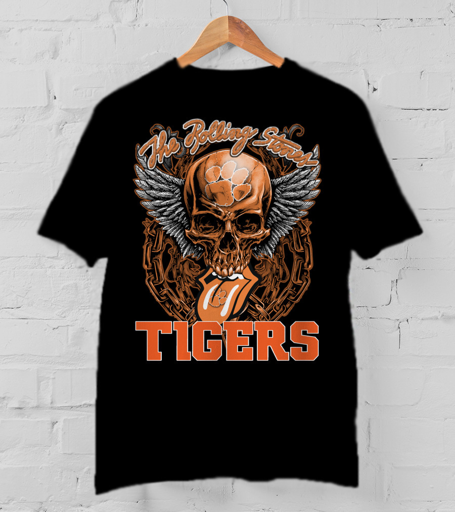 The Rolling Stones Skull With Clemson Tigers Paw And Wings T-Shirt