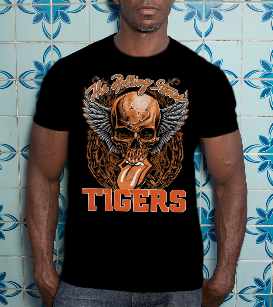 The Rolling Stones Skull With Clemson Tigers Paw And Wings T-Shirt