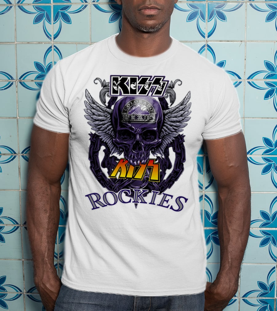 Kiss Colorado Rockies Skull Wings Logo Fusion T-Shirt