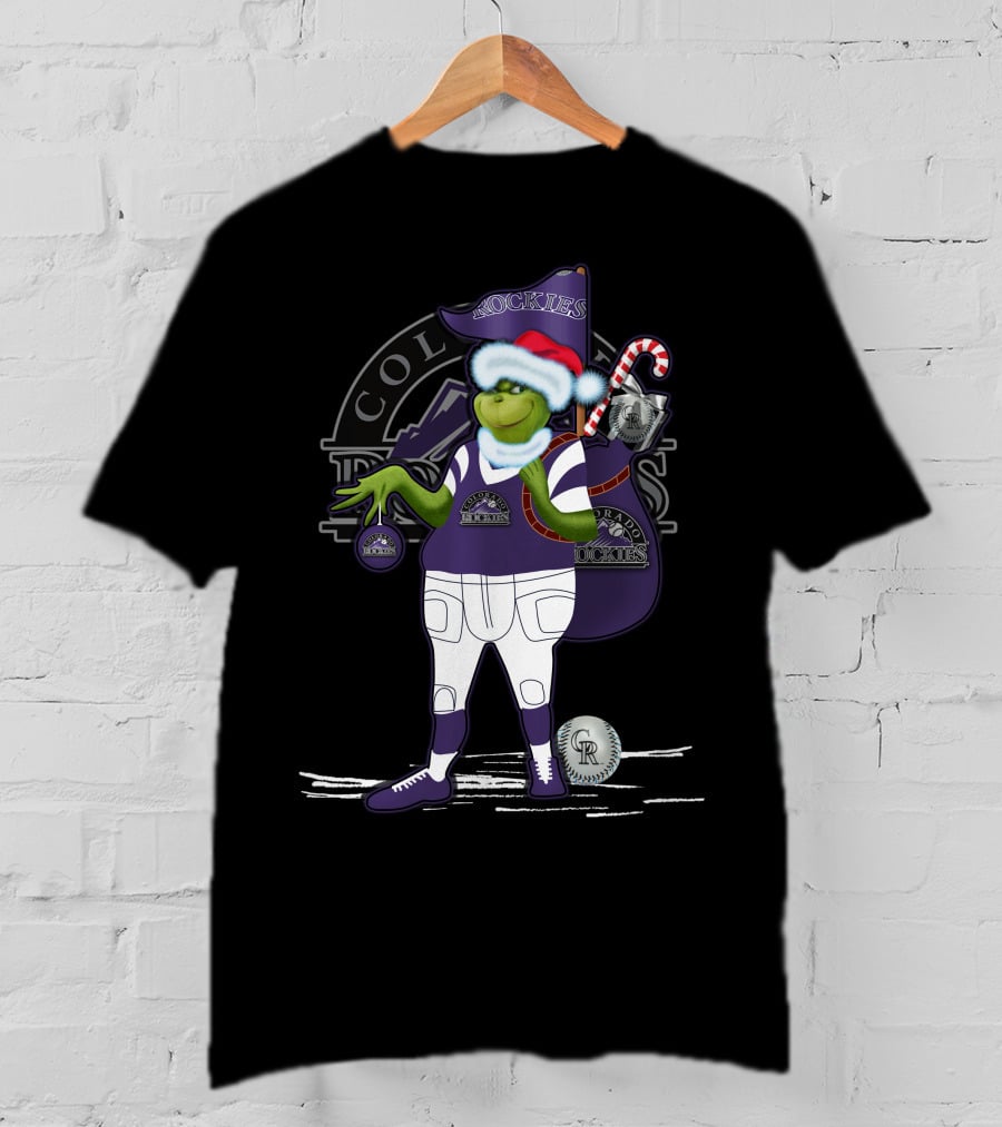 Grinchxmas Colorado Rockies Santa Grinch With Baseball Gear And Candy Cane T-Shirt