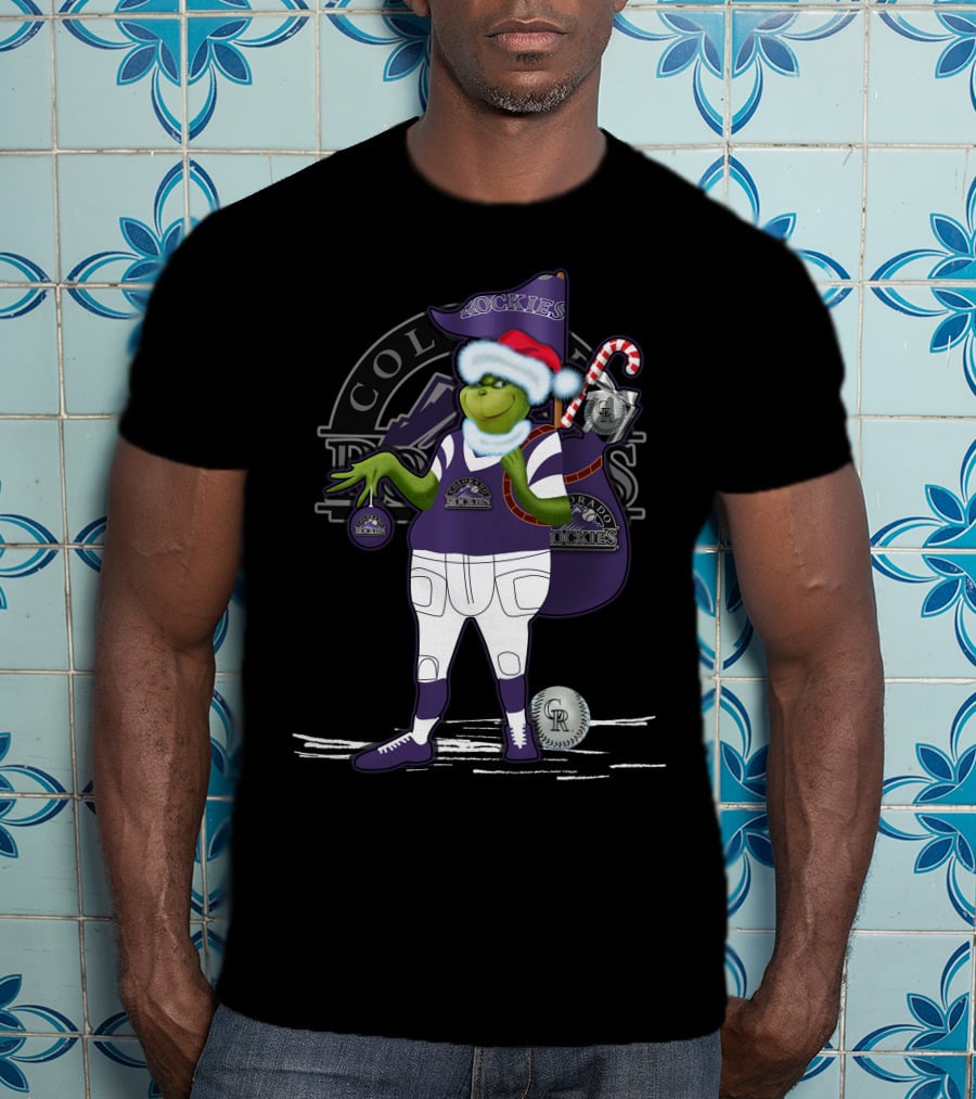 Grinchxmas Colorado Rockies Santa Grinch With Baseball Gear And Candy Cane T-Shirt