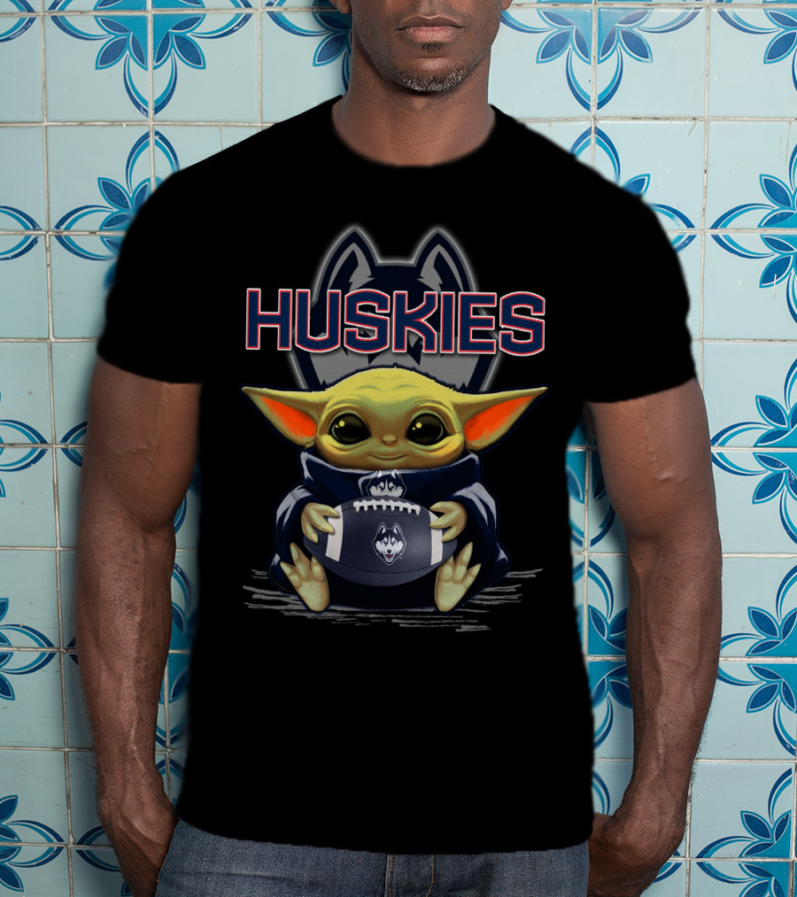 Yoda Holding Football With Connecticut Huskies T-Shirt