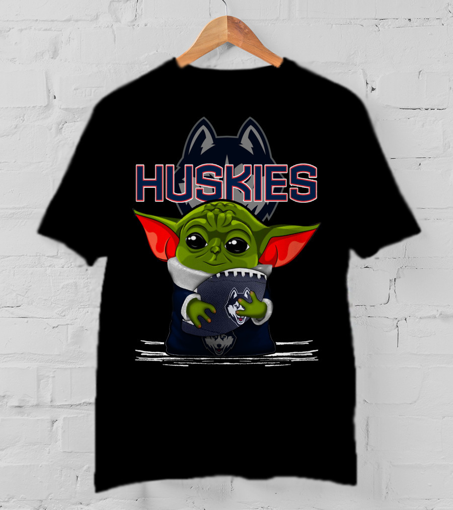 Huskies Yoda Holding Football With Connecticut Logo And Baby Yoda Character T-Shirt