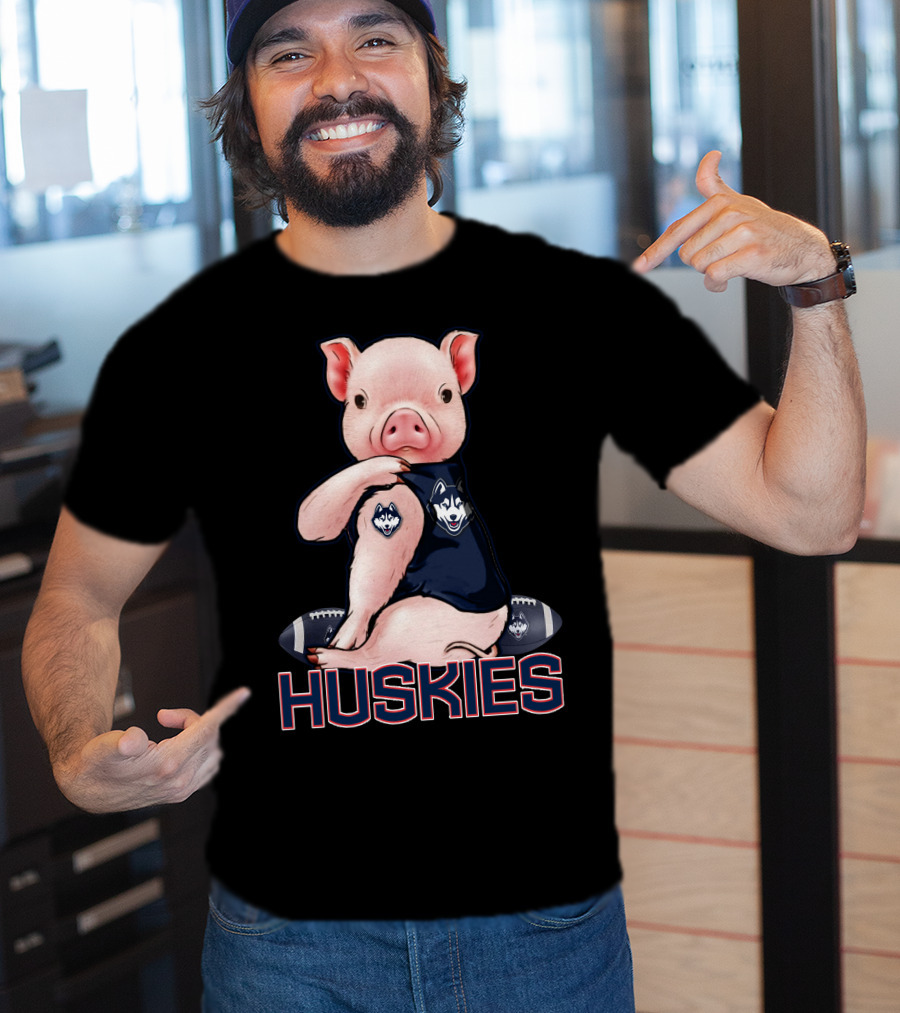 Pig Wearing Connecticut Huskies Logo Football Mascot T-Shirt