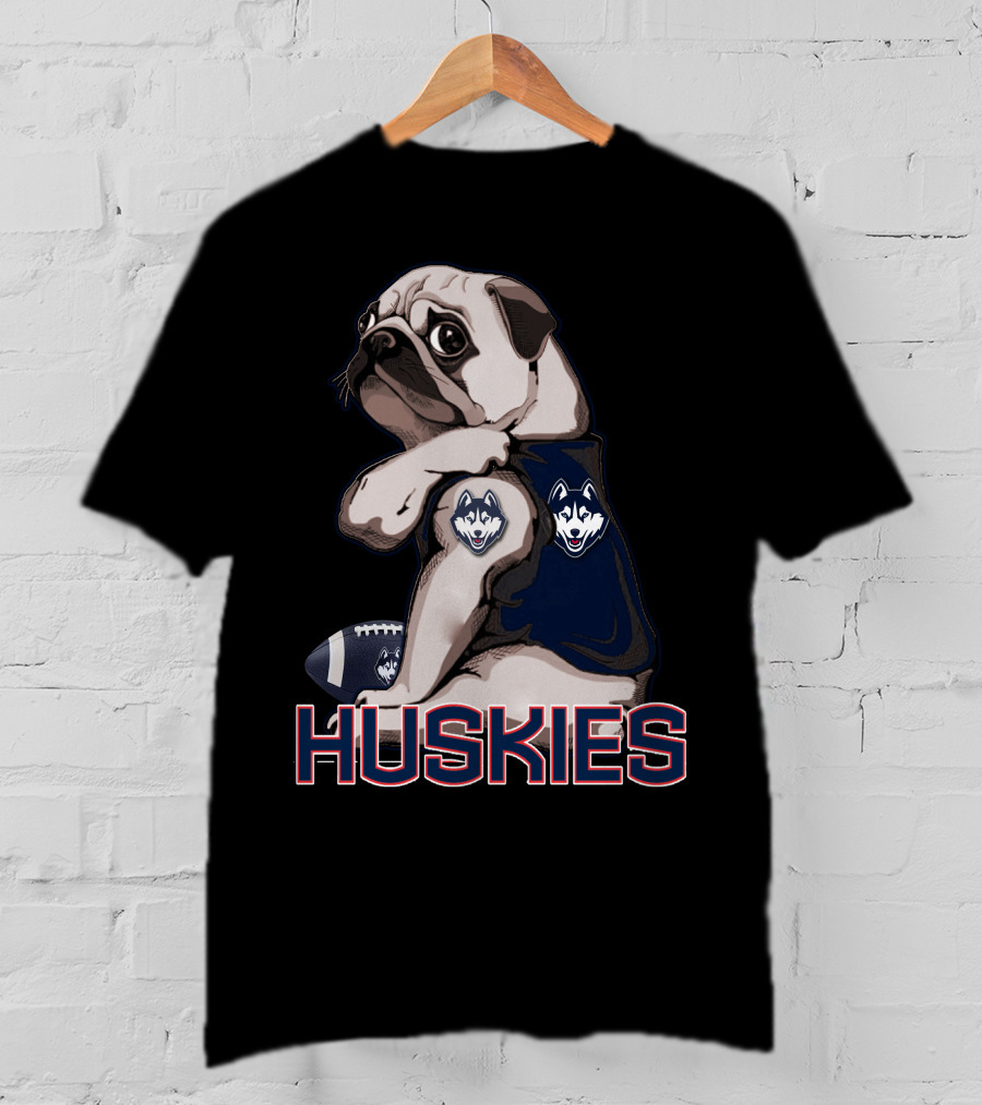 Pug With Connecticut Huskies Logo And Football T-Shirt