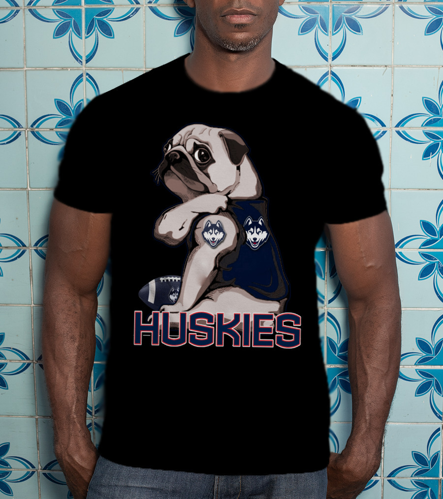 Pug With Connecticut Huskies Logo And Football T-Shirt