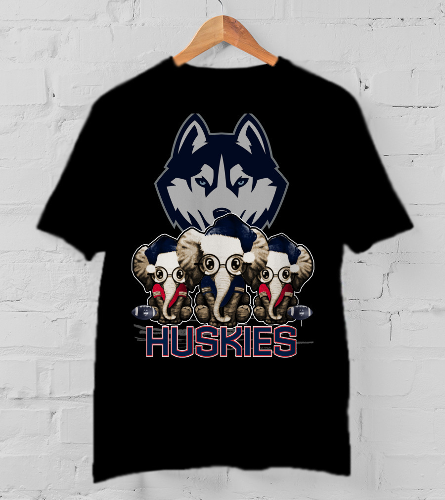 Elephant Xmas Connecticut Huskies Trio With Santa Hats And Glasses T-Shirt