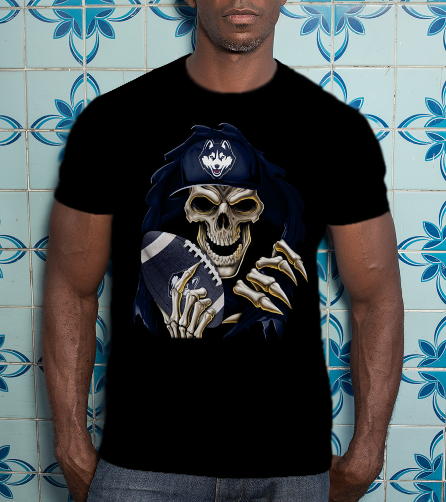 Skullbong Connecticut Huskies Football Skeleton Reaper T-Shirt