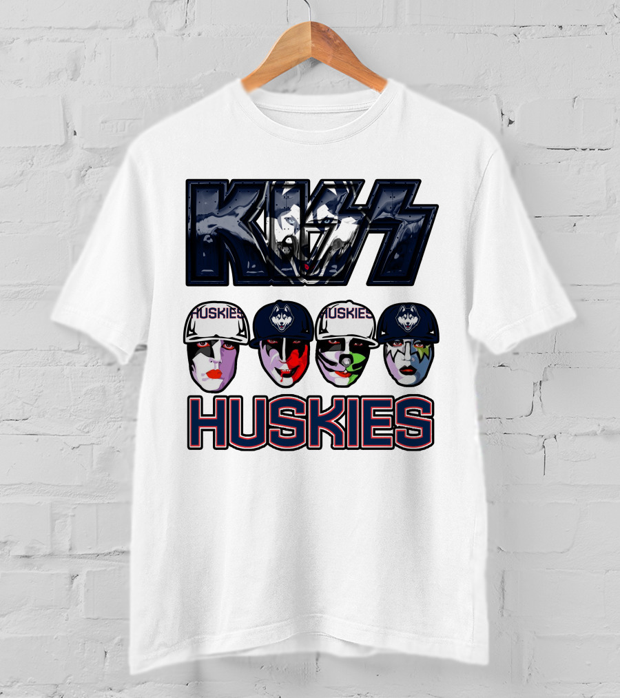 Kiss Band Style Logo With Connecticut Huskies Faces And Hats T-Shirt