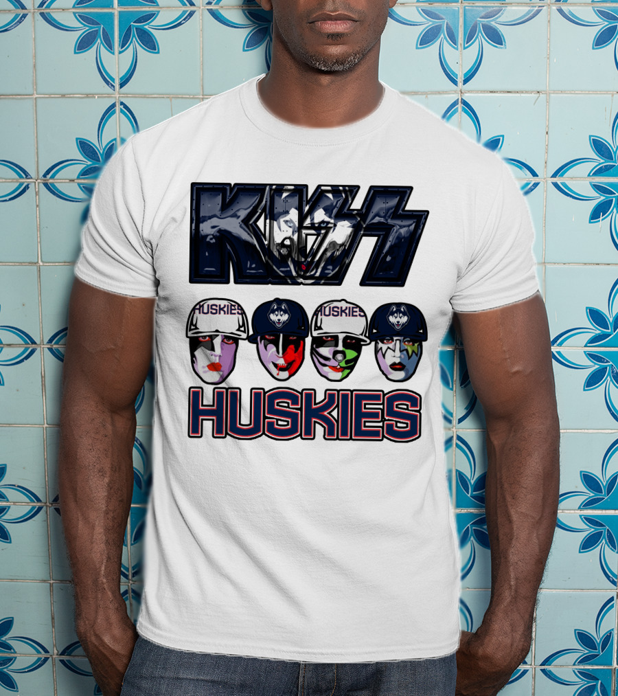 Kiss Band Style Logo With Connecticut Huskies Faces And Hats T-Shirt