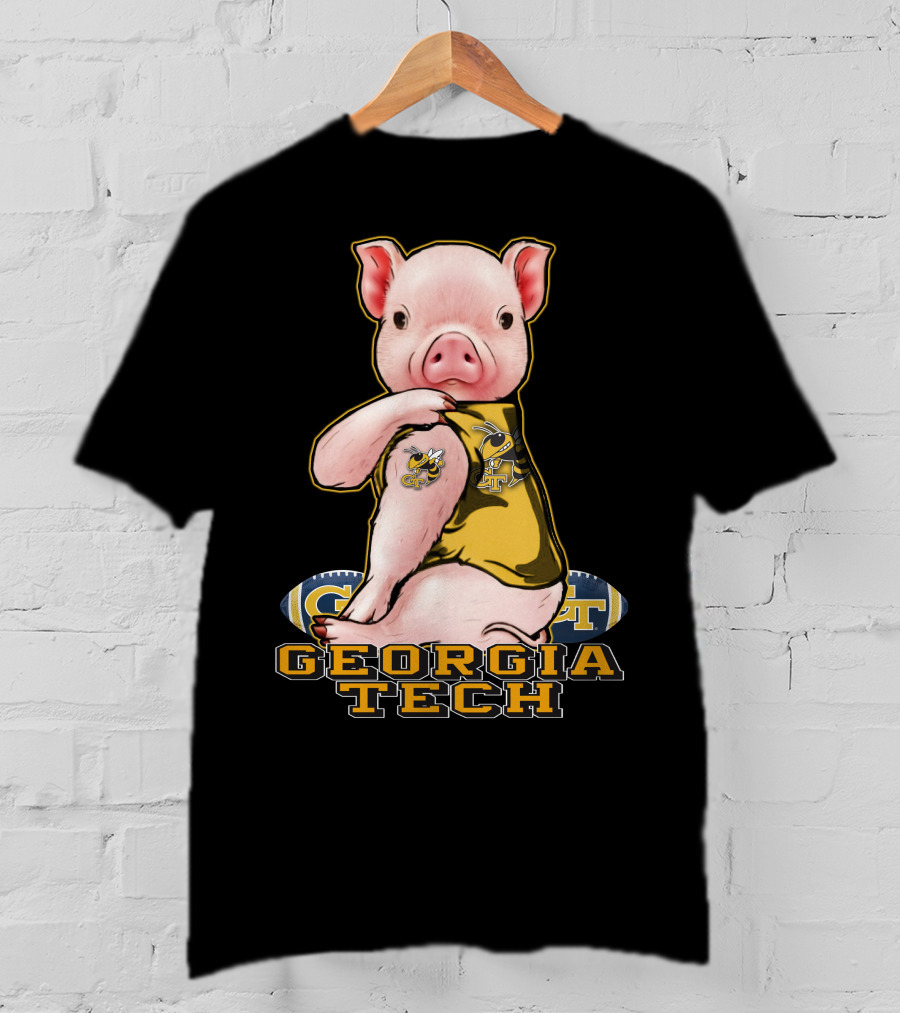 Pig Wearing Georgia Tech Yellow Jackets Mascot Jersey T-Shirt
