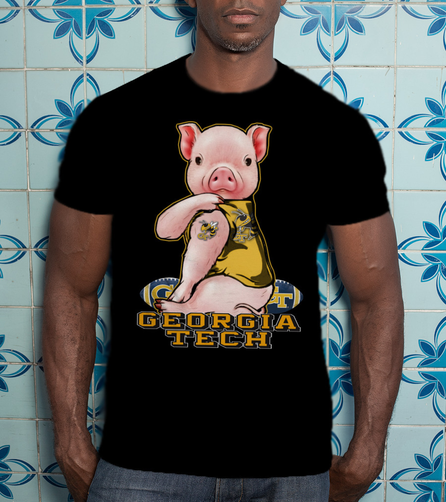 Pig Wearing Georgia Tech Yellow Jackets Mascot Jersey T-Shirt