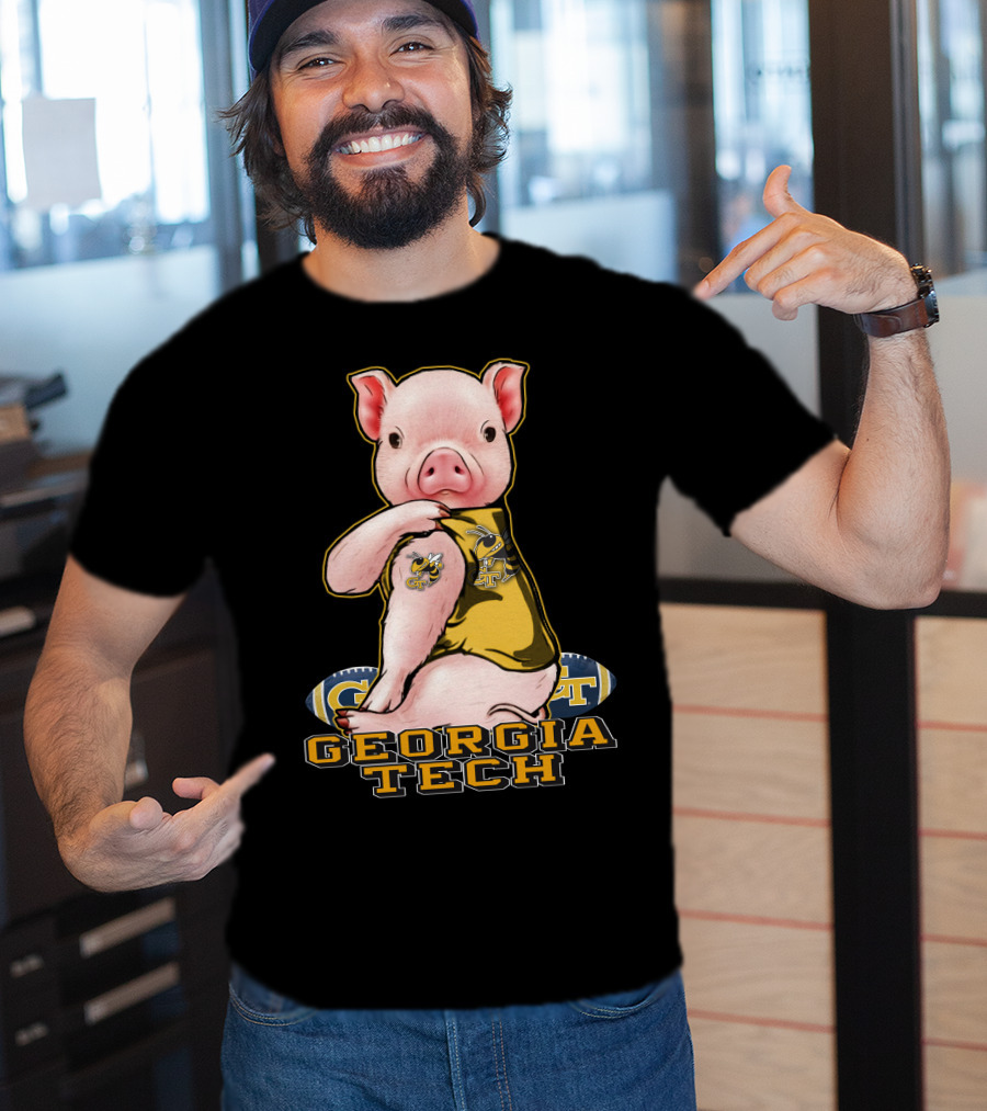 Pig Wearing Georgia Tech Yellow Jackets Mascot Jersey T-Shirt