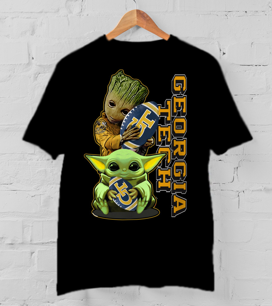 Grzd Georgia Tech Yellow Jackets Groot And Baby Yoda Football T-Shirt