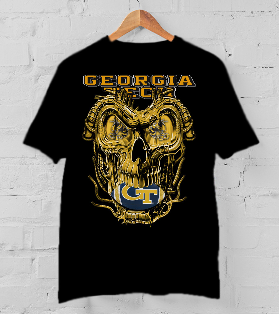 Georgia Tech Yellow Jackets Skull With GT Football And Mechanical Details T-Shirt