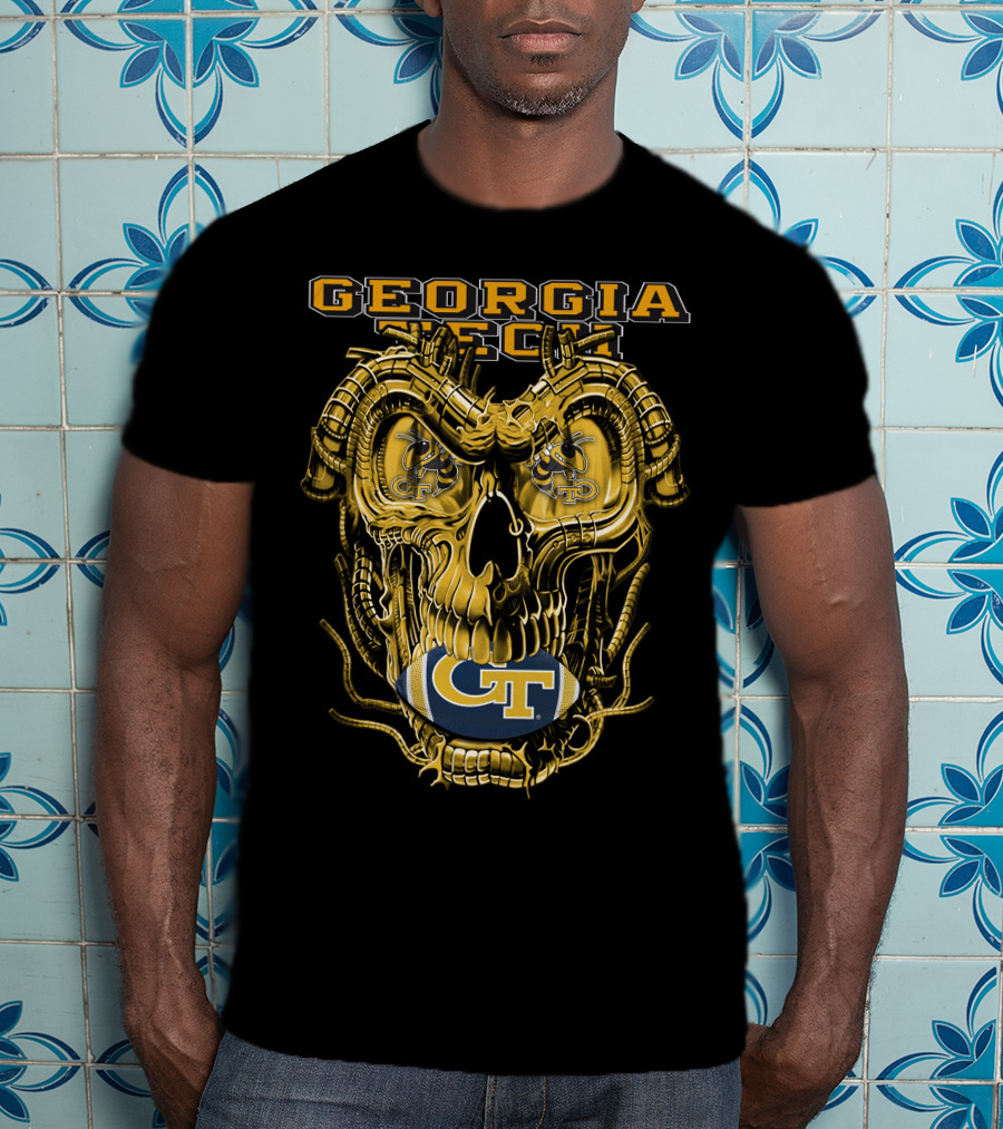 Georgia Tech Yellow Jackets Skull With GT Football And Mechanical Details T-Shirt