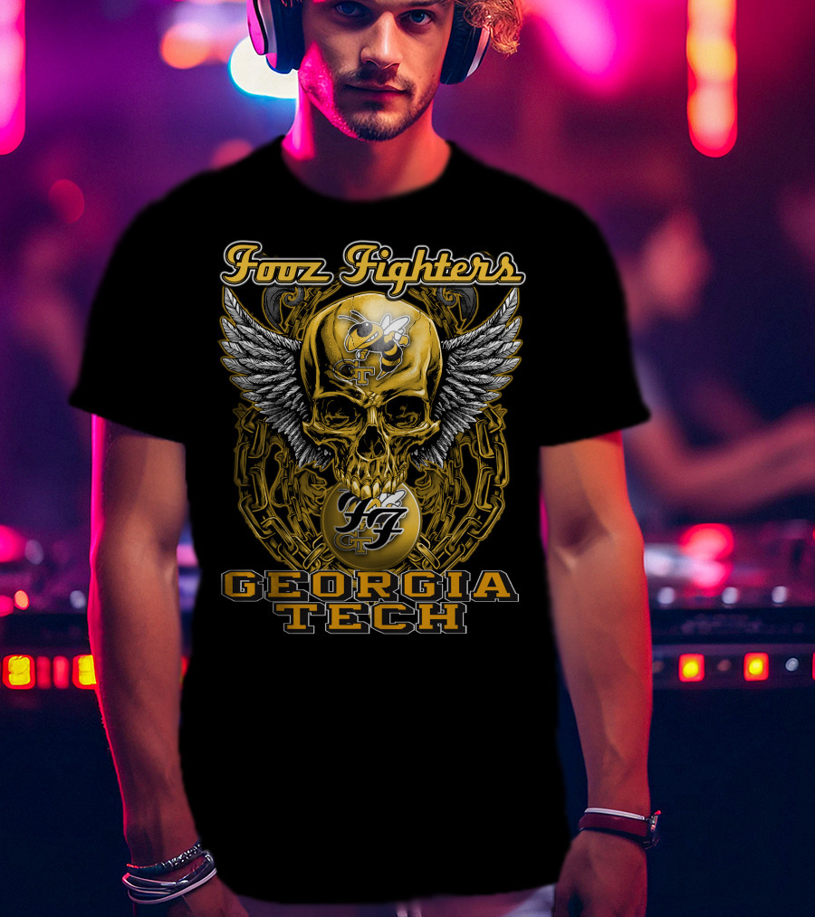 Foo Fighters Georgia Tech Yellow Jackets Skull Wings Chain T-Shirt